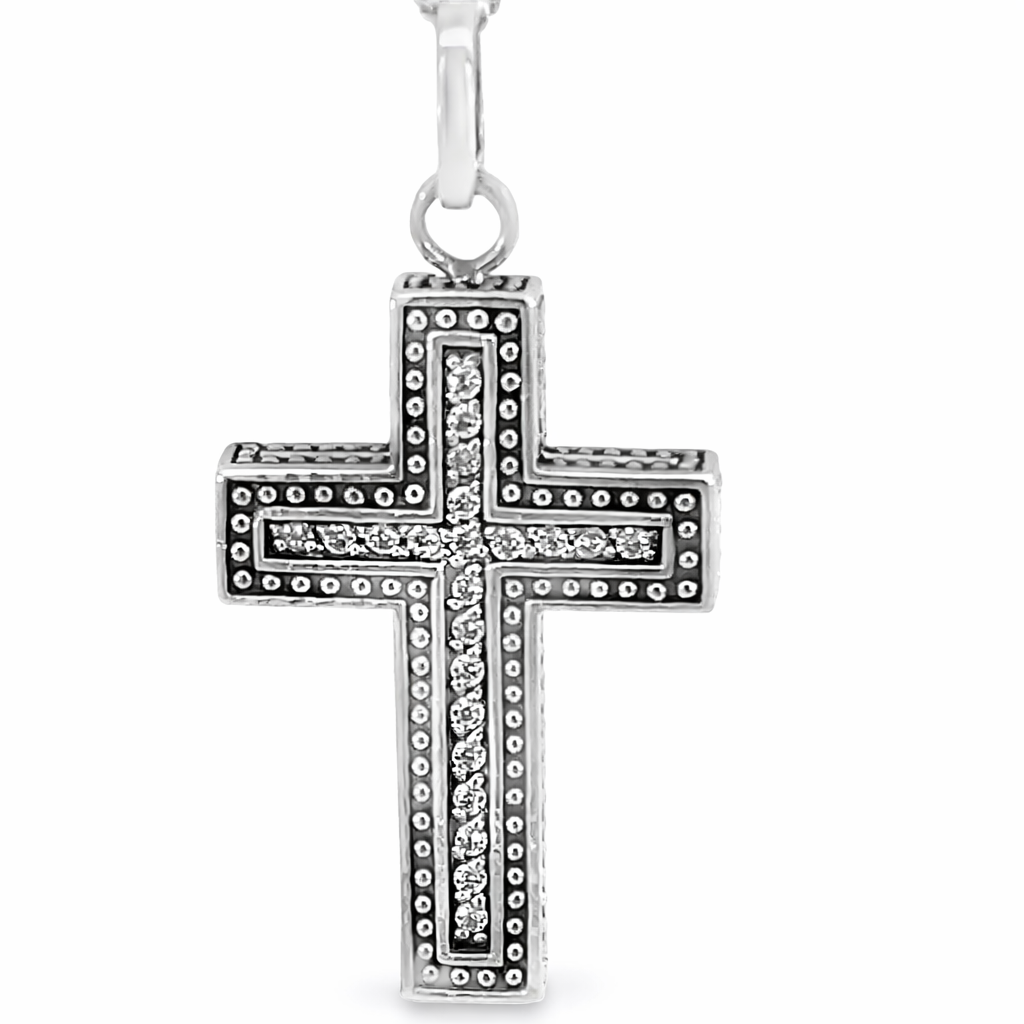 SILVER OXIZED CZ PAVE MILLGRAIN CROSS