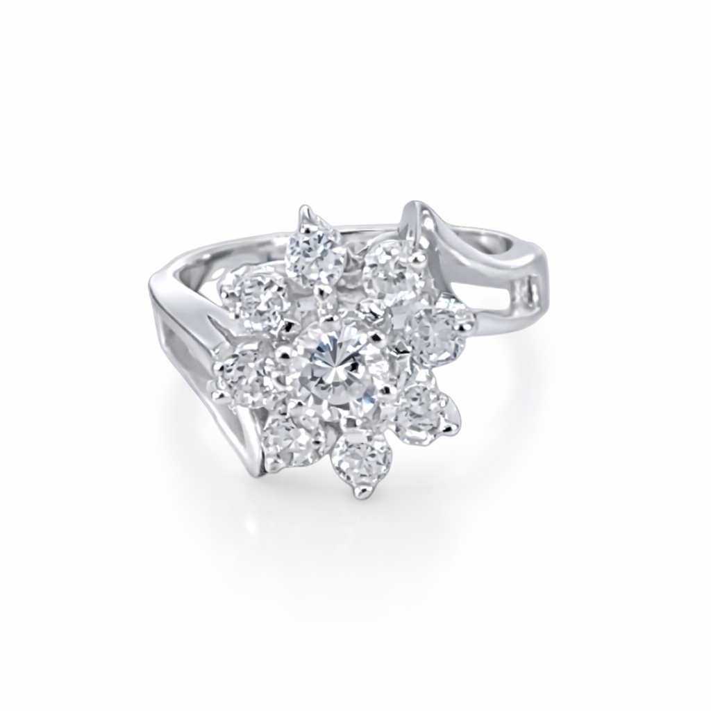 Silver cz pave claw set flower ring