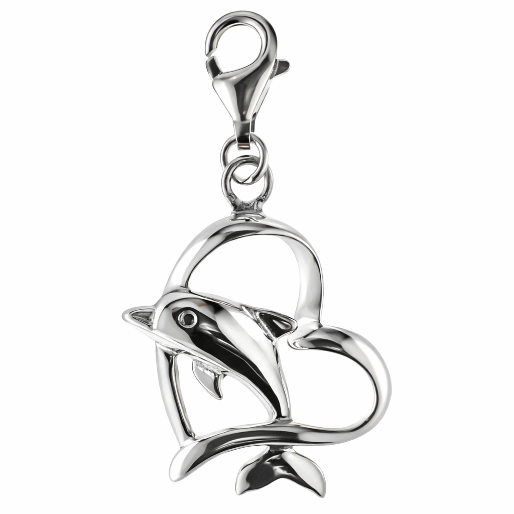 Silver dolphin in open cut heart charm
