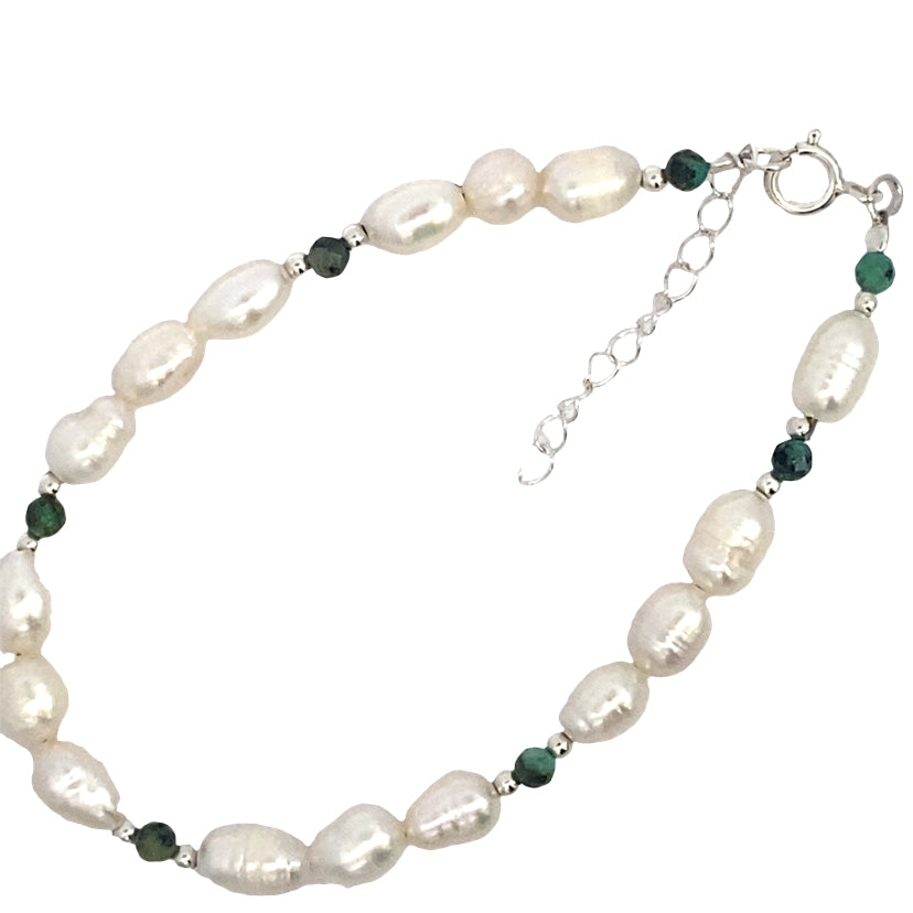 AFRICAN TURQUOISE & WHITE RICE PEARL & SILVER BRACELET