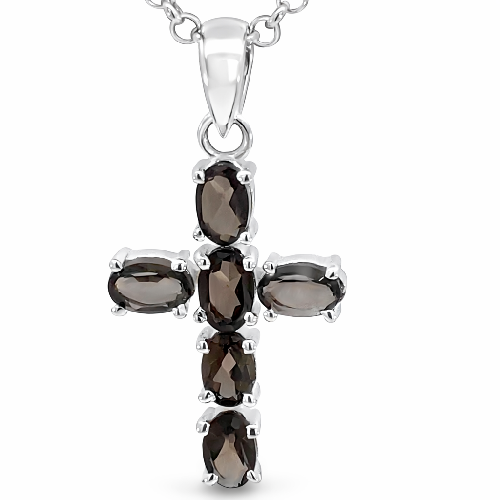 SILVER OVAL SMOKEY TOPAZ PAVE CROSS