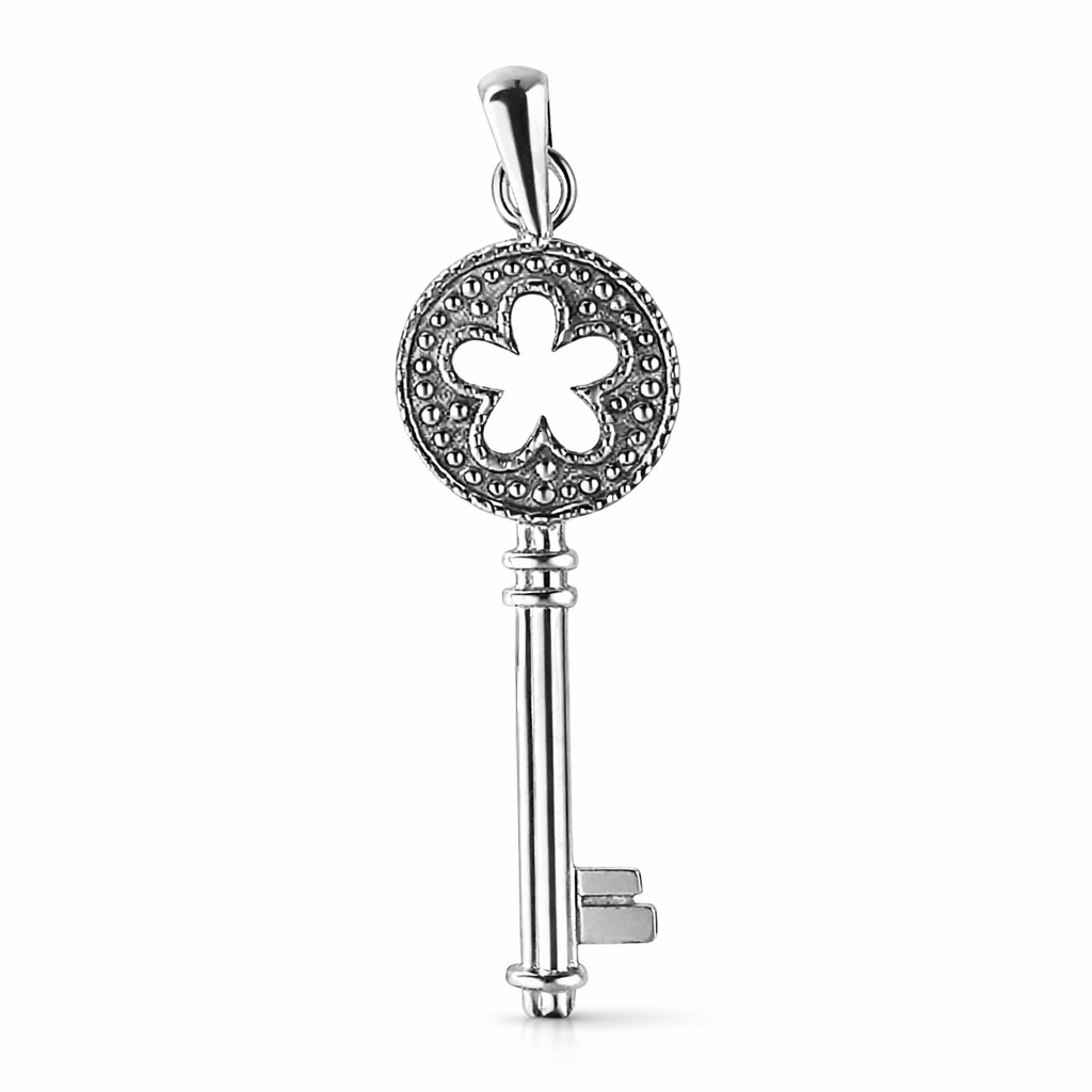 SILVER CUT OUT FLOWER MILLGRAIN KEY PENDANT