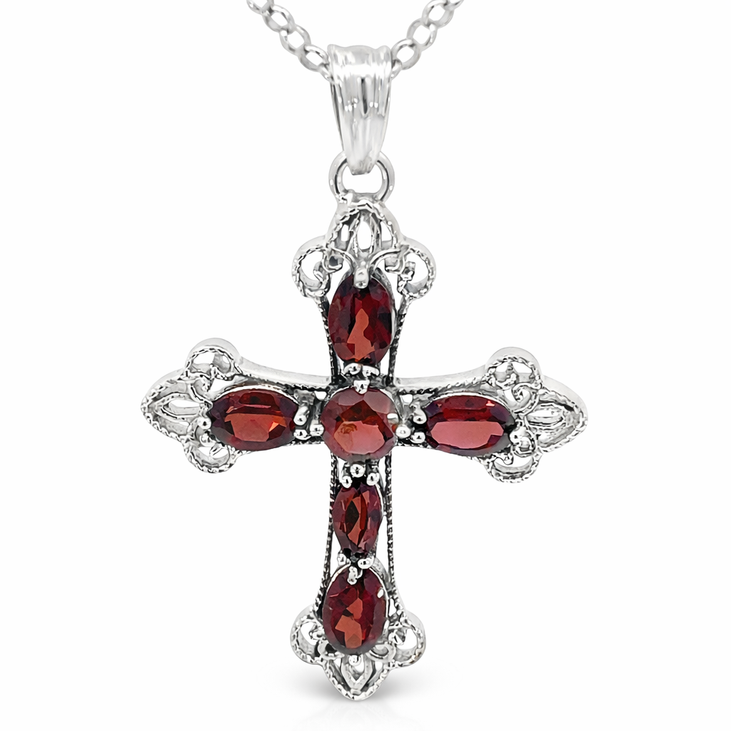 SILVER OVAL GARNET OXIZED FRILLY BOHO CROSS