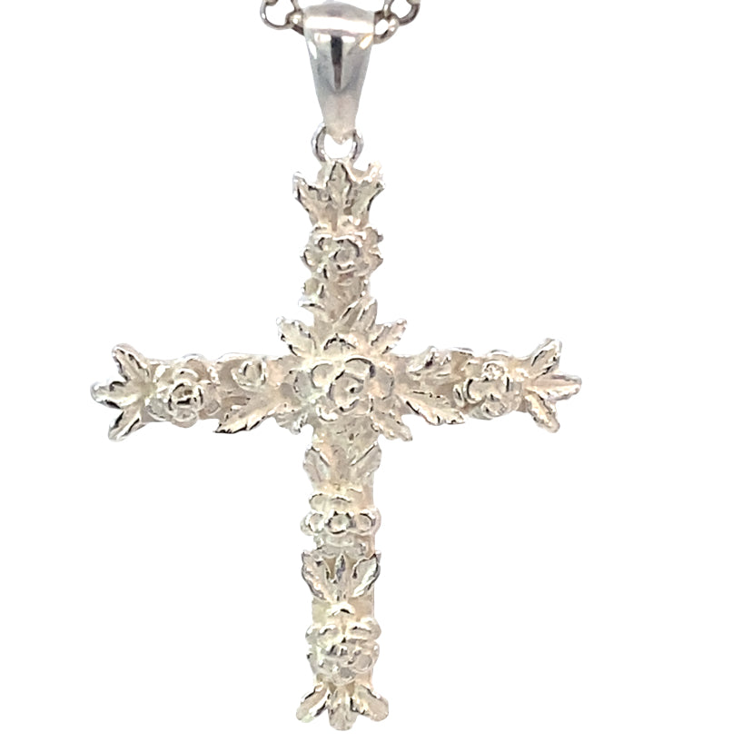 SILVER MATT FLOWERY ETCHED CROSS