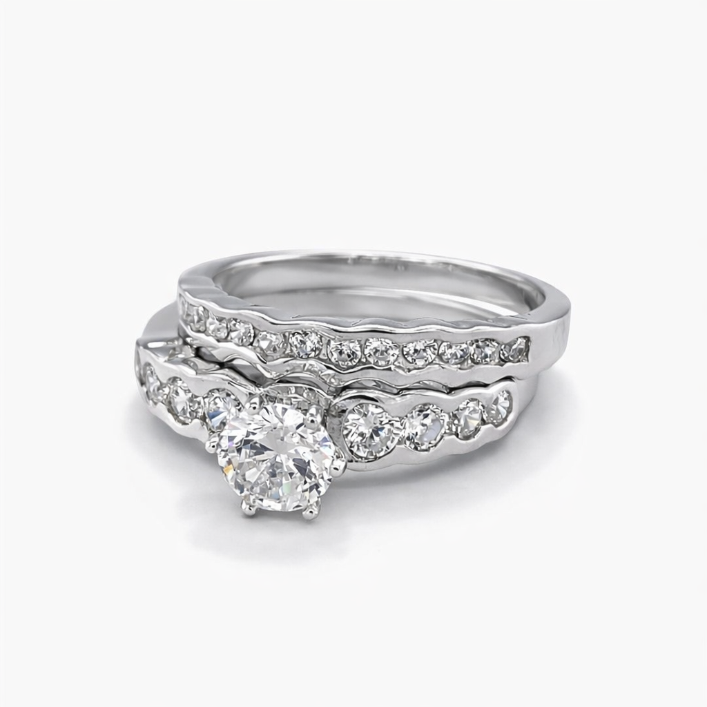 Silver cz pave bezel set wedding set ring