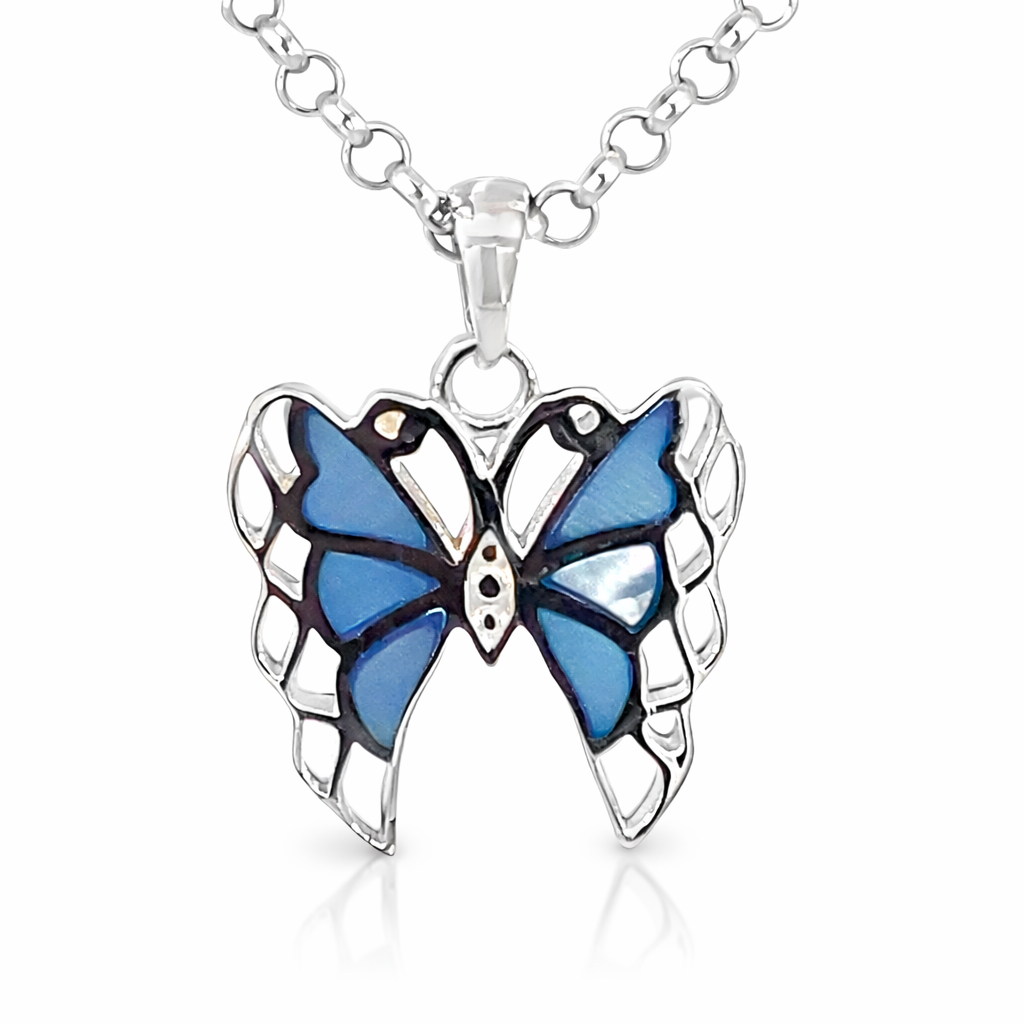 SILVER BLUE MOP OPEN CUT BUTTERFLY PENDANT