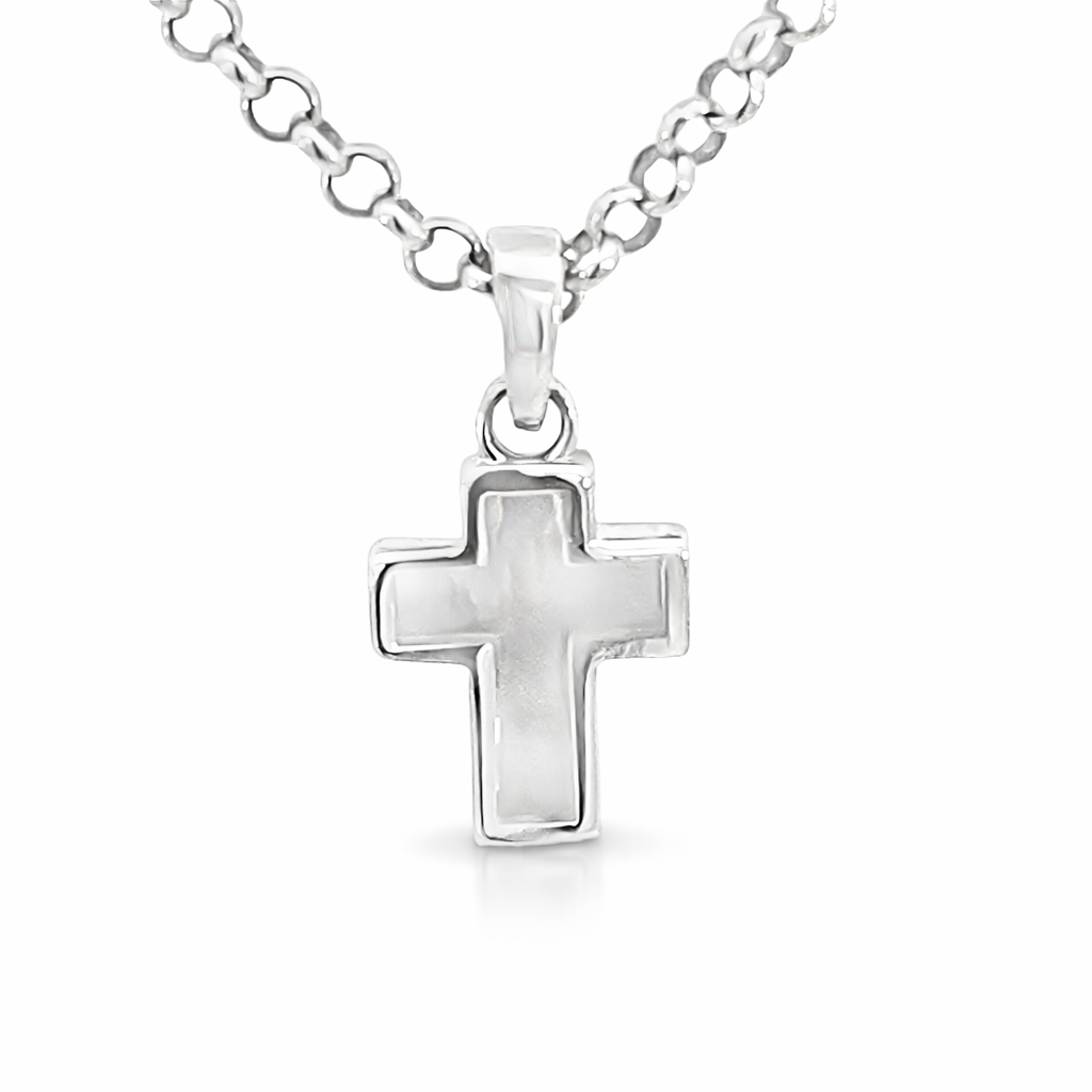 SILVER MOTHER OF PEARL TUBE SET FLAT CROSS