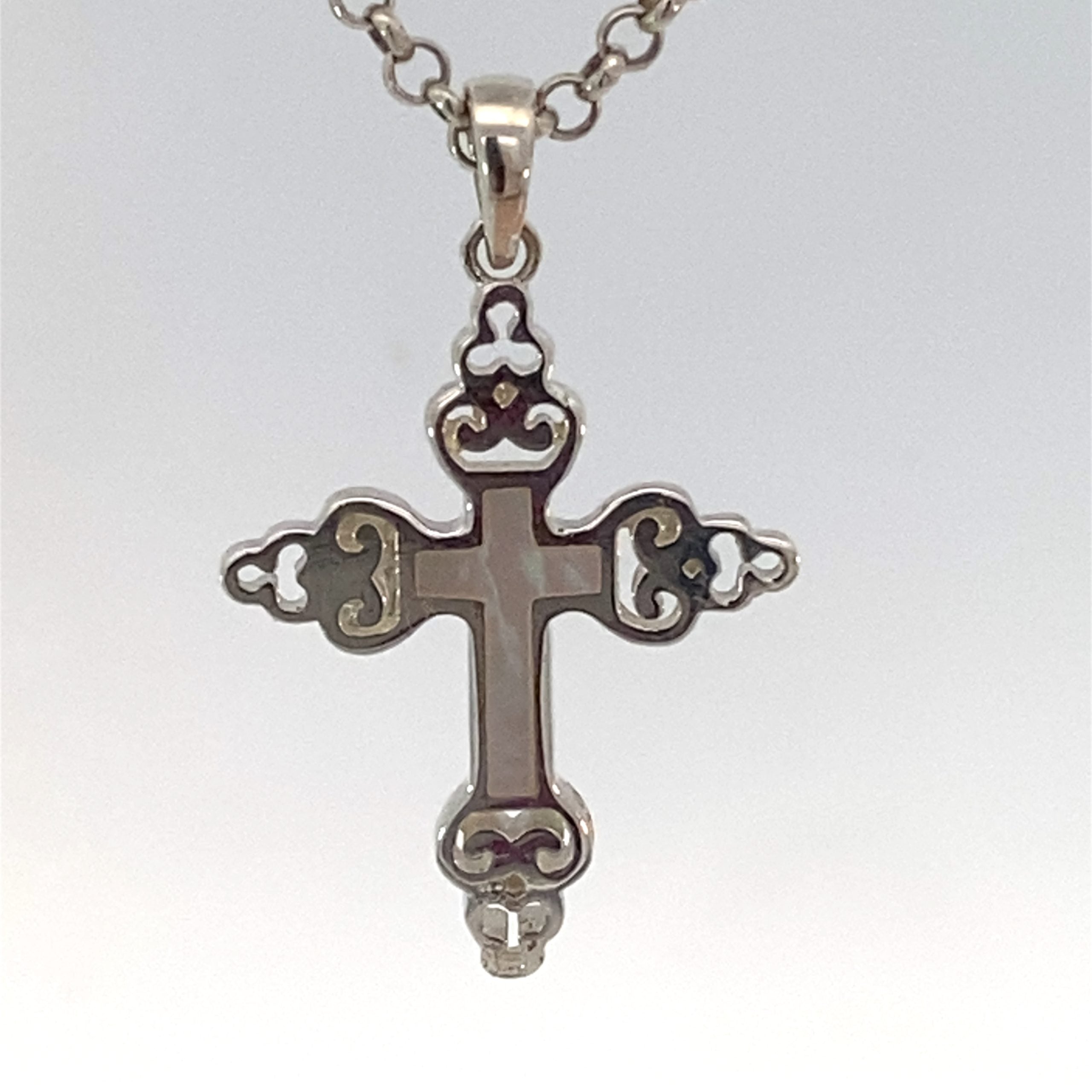SILVER MOTHER OF PEARL FILIGREE SCALLOP ENDS CROSS