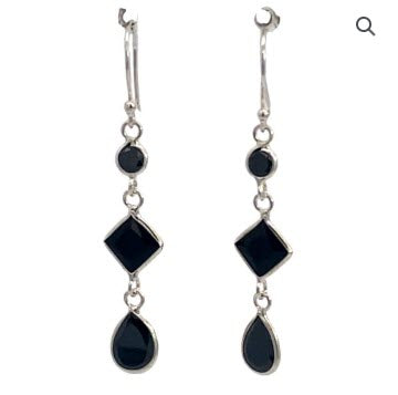 SILVER BLACK ROUND & TEARDROP & SQUARE FACET DROP EARRINGS
