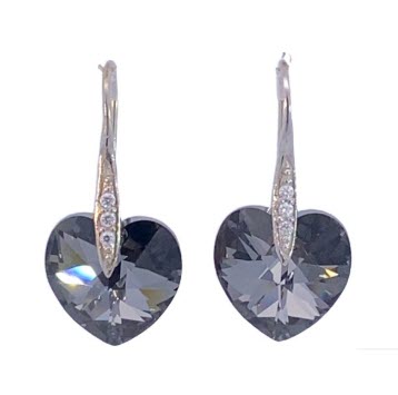 SILVER BLACK SWAROVSKI HEART DROP EARRINGS