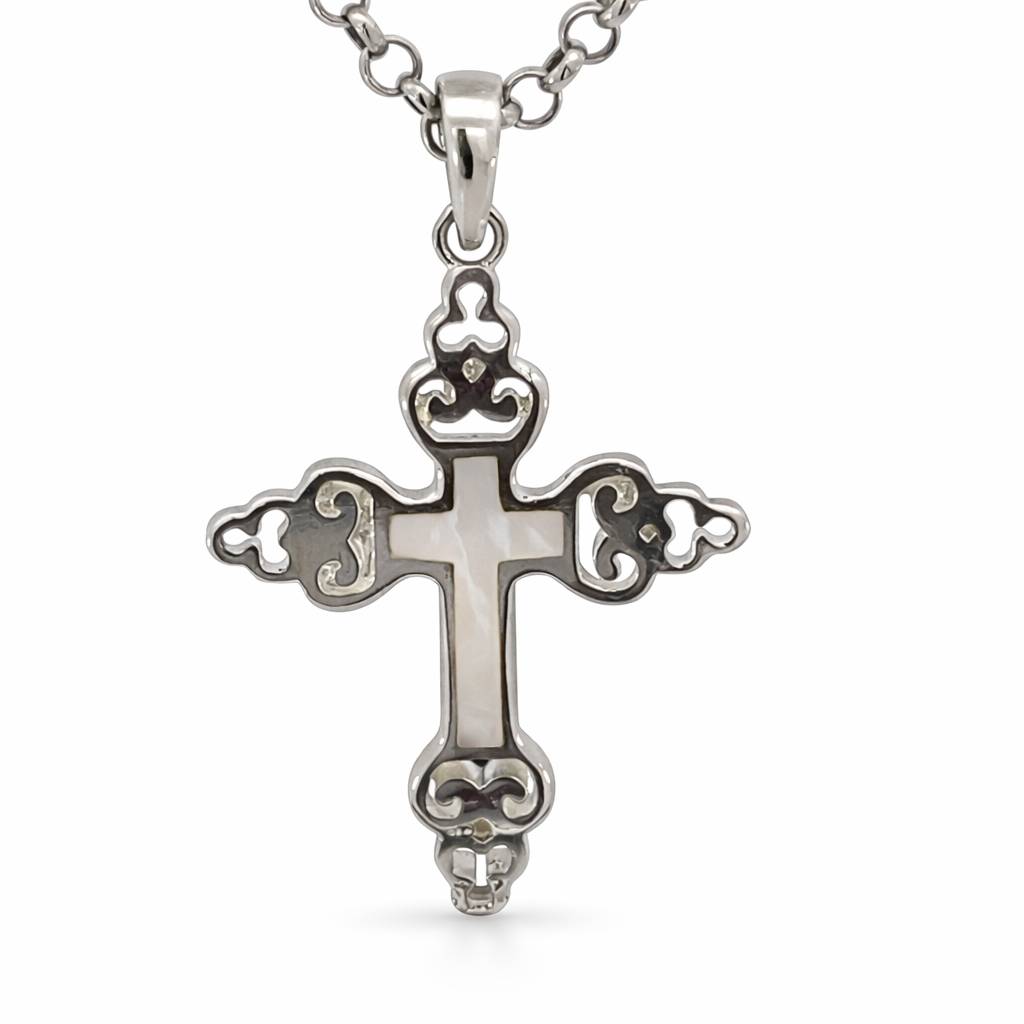 SILVER MOTHER OF PEARL FILIGREE SCALLOP ENDS CROSS