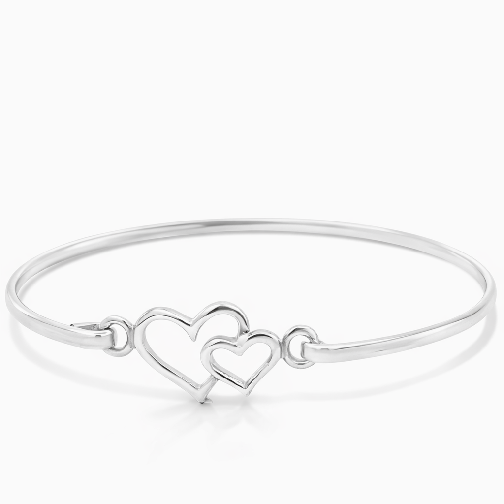 Silver double heart hinged bangle