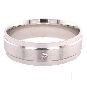 SILVER RHODIUM PLATED MENS WED BAND WITH DIAMOND