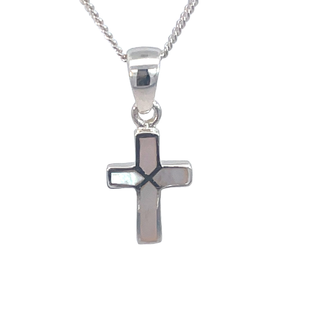 SILVER MOTHER OF PEARL TUBE SET FLAT CROSS