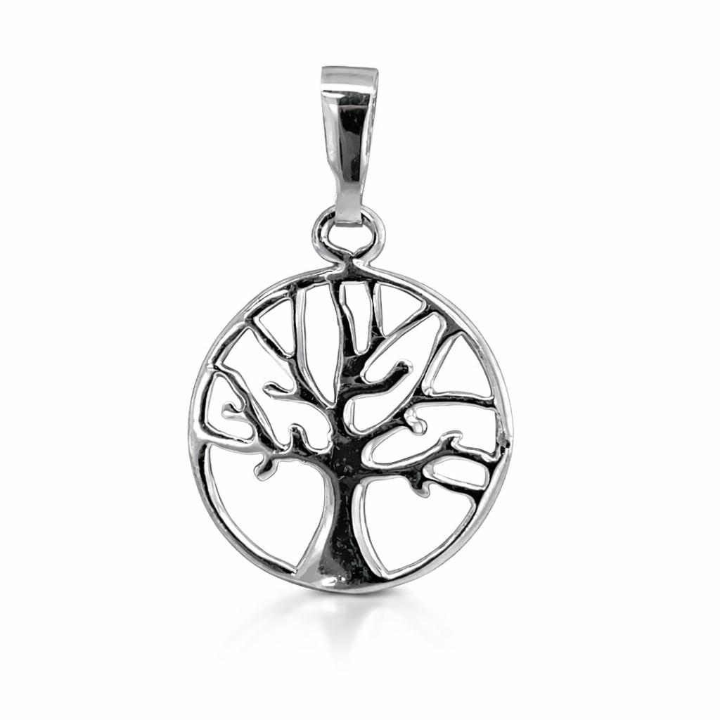 Silver rhodium plated filligree tree of life round pendant