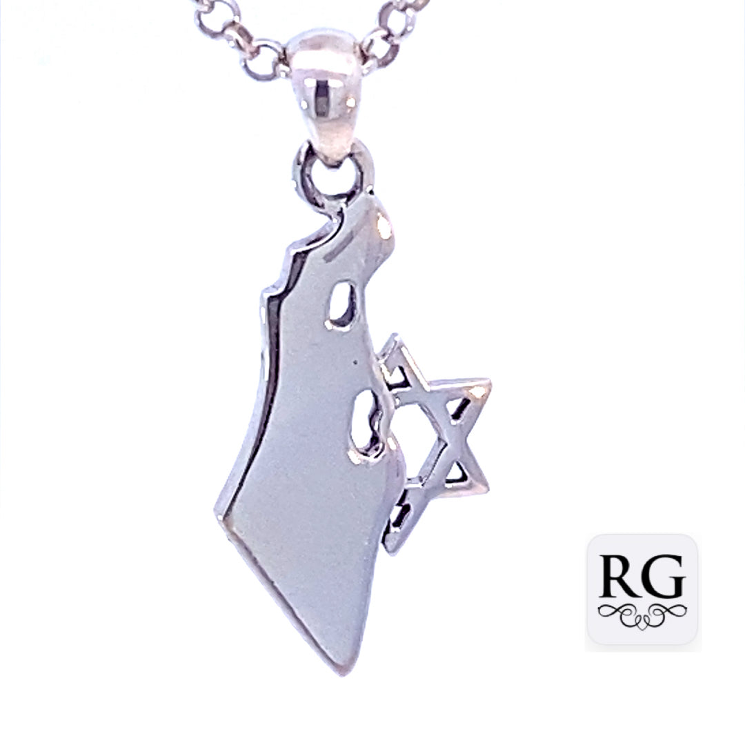 SILVER ISRAEL MAP STAR OF DAVID PENDANT