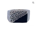 SILVER BLACK AGATE ENGRAVED RECTANGLE MENS SIGNET RING