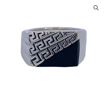 SILVER BLACK AGATE ENGRAVED RECTANGLE MENS SIGNET RING