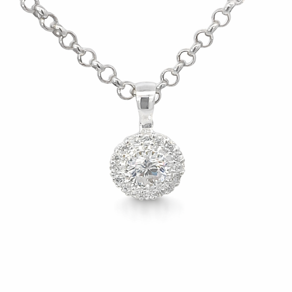SILVER CZ PAVE MILLGRAIN DOUBLE HALO ROUND PENDANT
