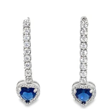 SILVER BLUE CZ PAVE HEART LONG BAR DROP EARRINGS