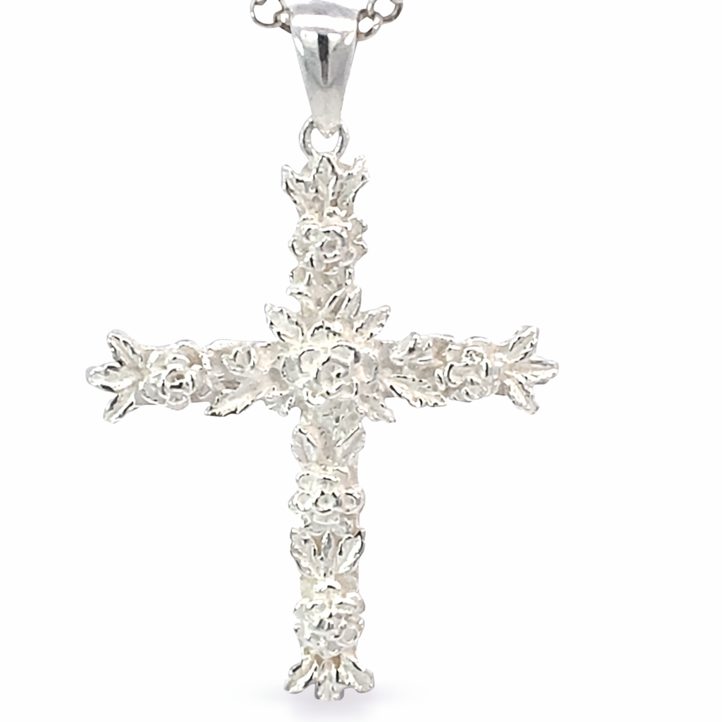 SILVER MATT FLOWERY ETCHED CROSS