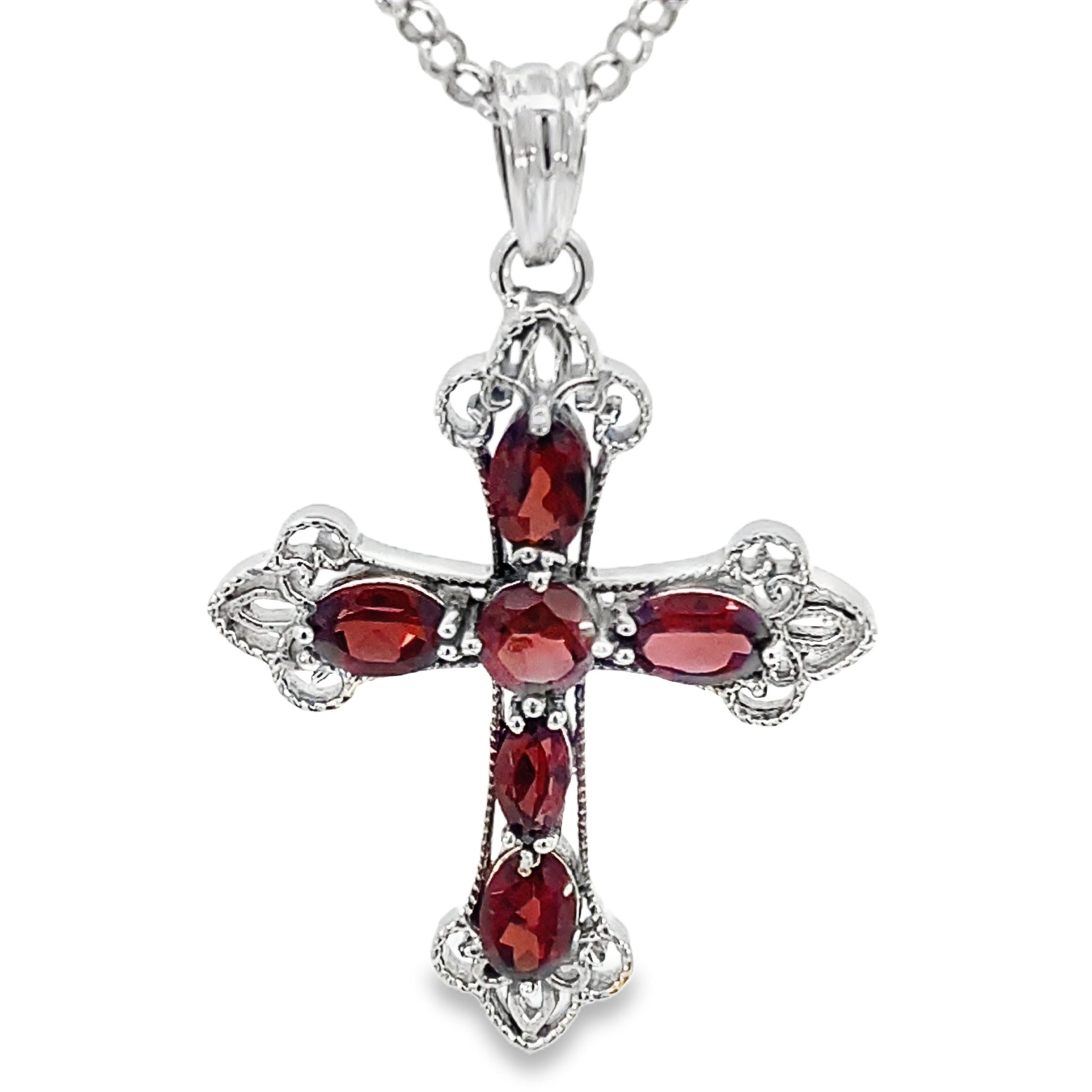 SILVER OVAL GARNET OXIZED FRILLY BOHO CROSS