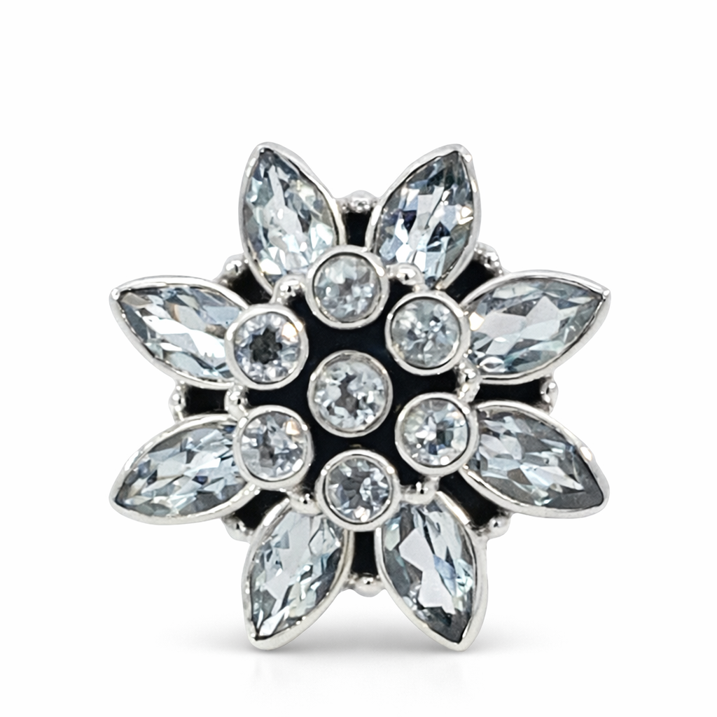 Silver blue topaz flower ring