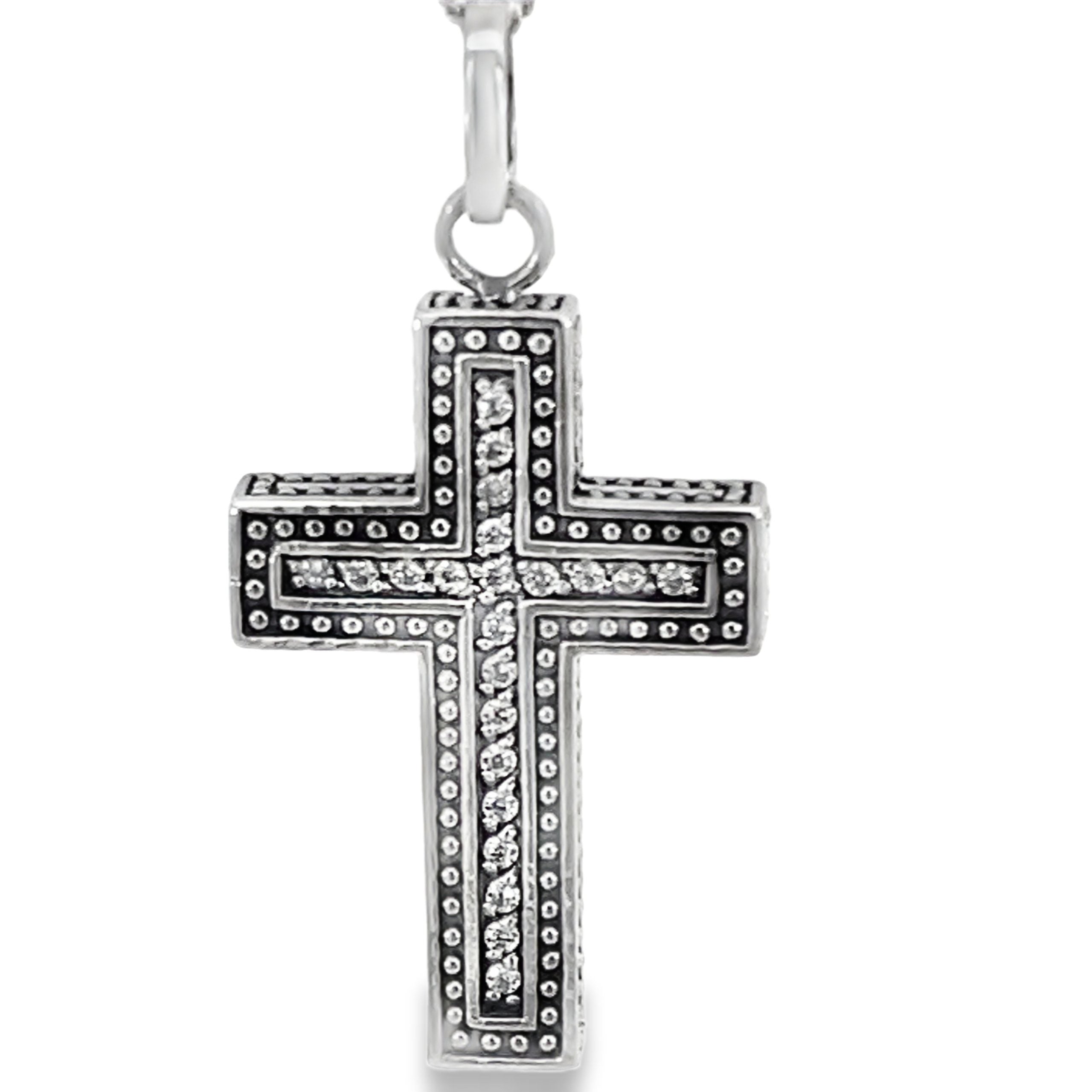 SILVER OXIZED CZ PAVE MILLGRAIN CROSS