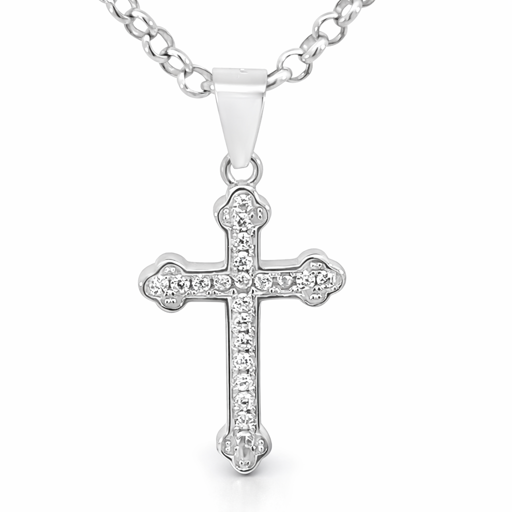 SILVER CZ PAVE SCALLOPS ENDS CROSS
