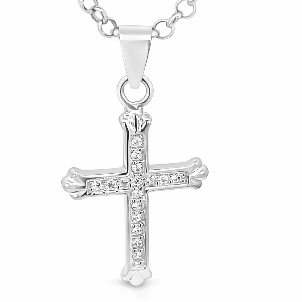 Silver cz pave plain scallops ends cross