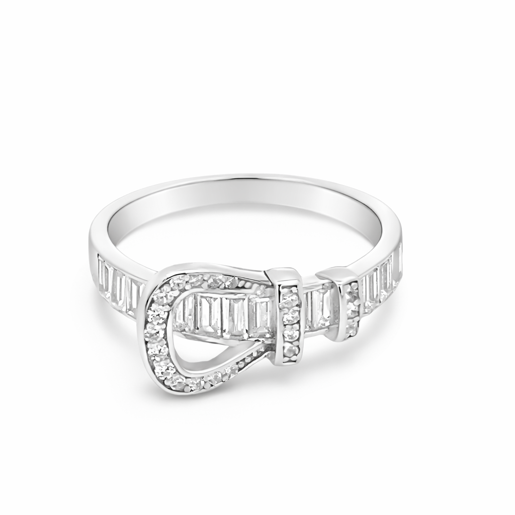 Silver - Baguette & Round CZ Buckle Ring
