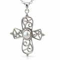 SILVER OXIDIZED OVAL WHITE FRESHWATER PEARL OPEN FILIGREE CROSS