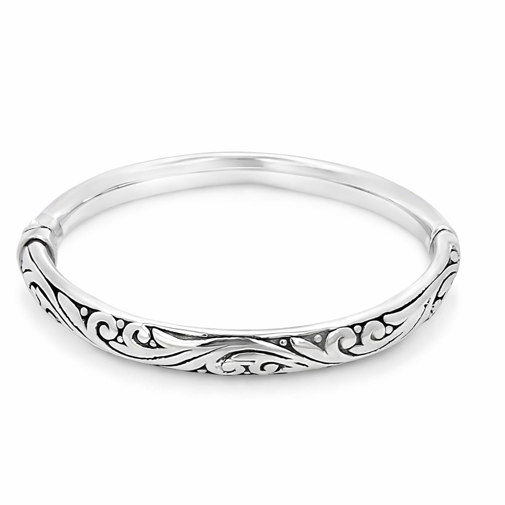 Silver oxidized electroformed filigree hinge bangle