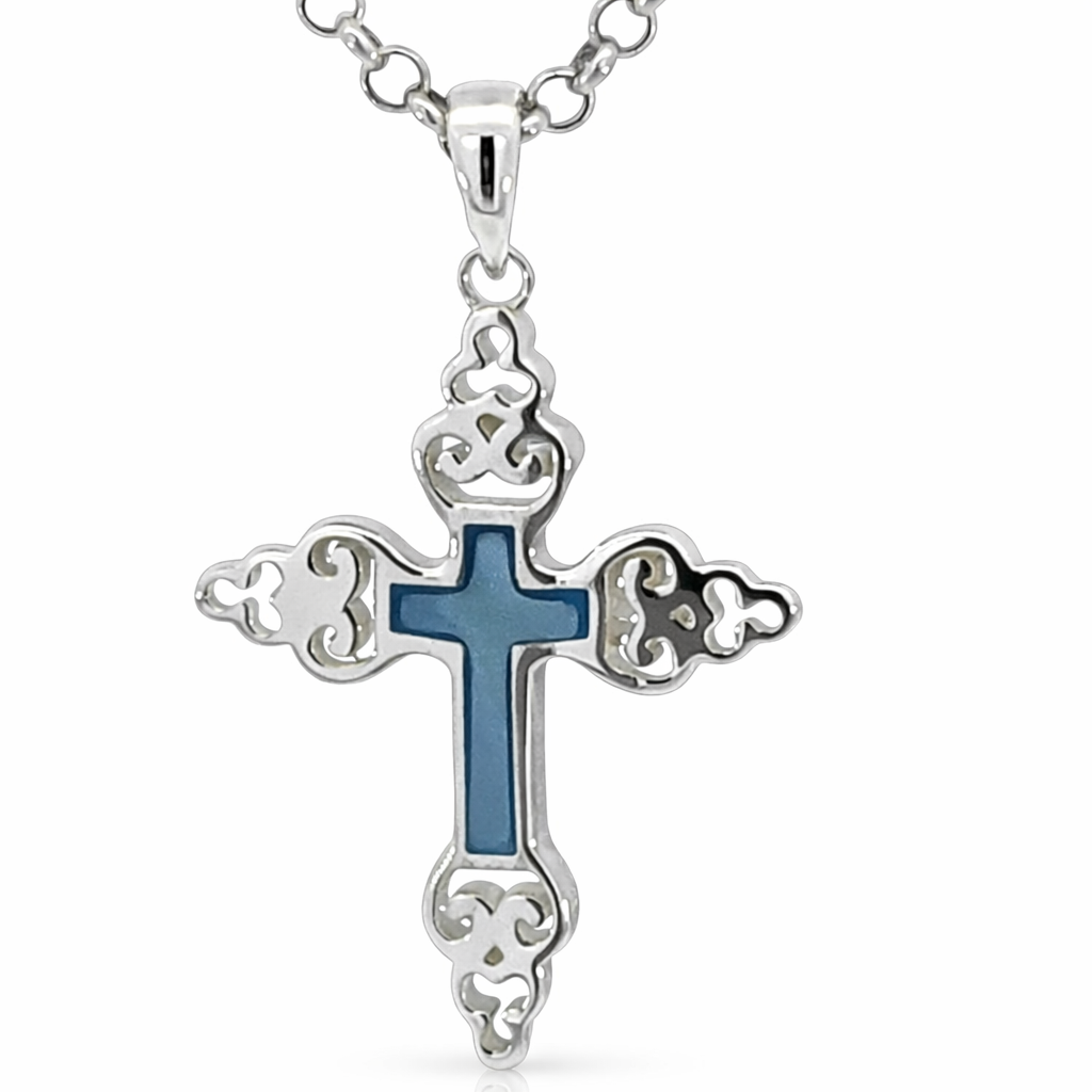 Silver blue mother of pearl filligree scallop ends cross
