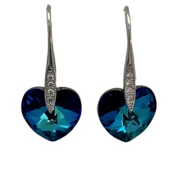 SILVER BLUE SWAROVSKI HEART DROP EARRINGS