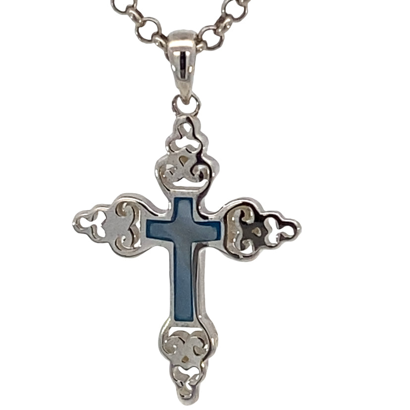 SILVER BLUE MOTHER OF PEARL FILLIGREE SCALLOP ENDS CROSS