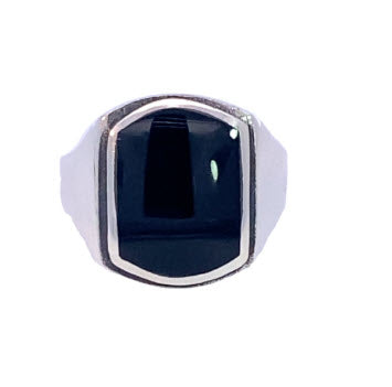 SILVER CUSHION BLACK AGATE MENS SIGNET RING