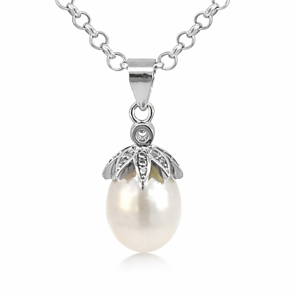 SILVER CZ PAVE FRESHWATER PEARL TEARDROP PENDANT