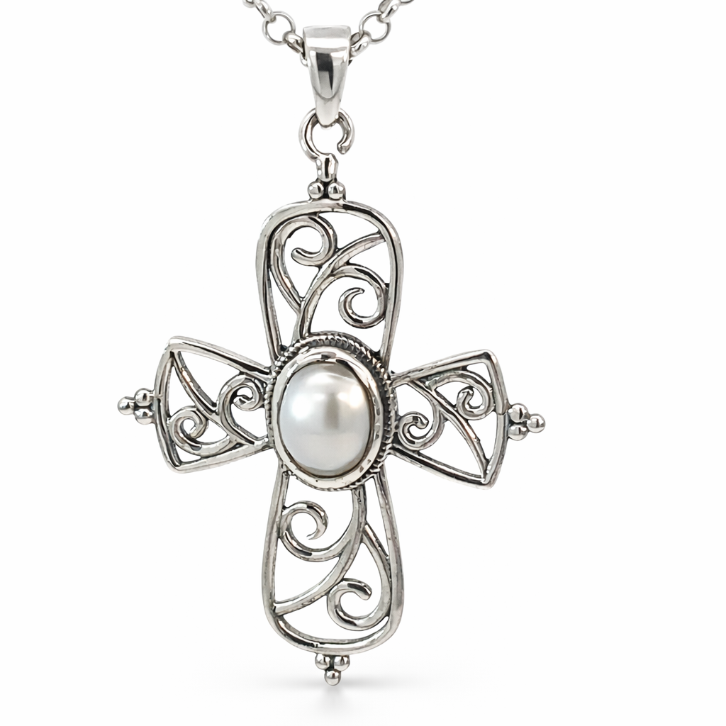 SILVER OXIDIZED OVAL WHITE FRESHWATER PEARL OPEN FILIGREE CROSS