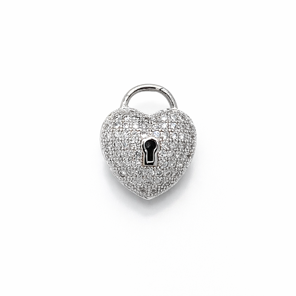 SILVER CZ PAVE DOME HEART KEYLOCK CHARM PENDANT