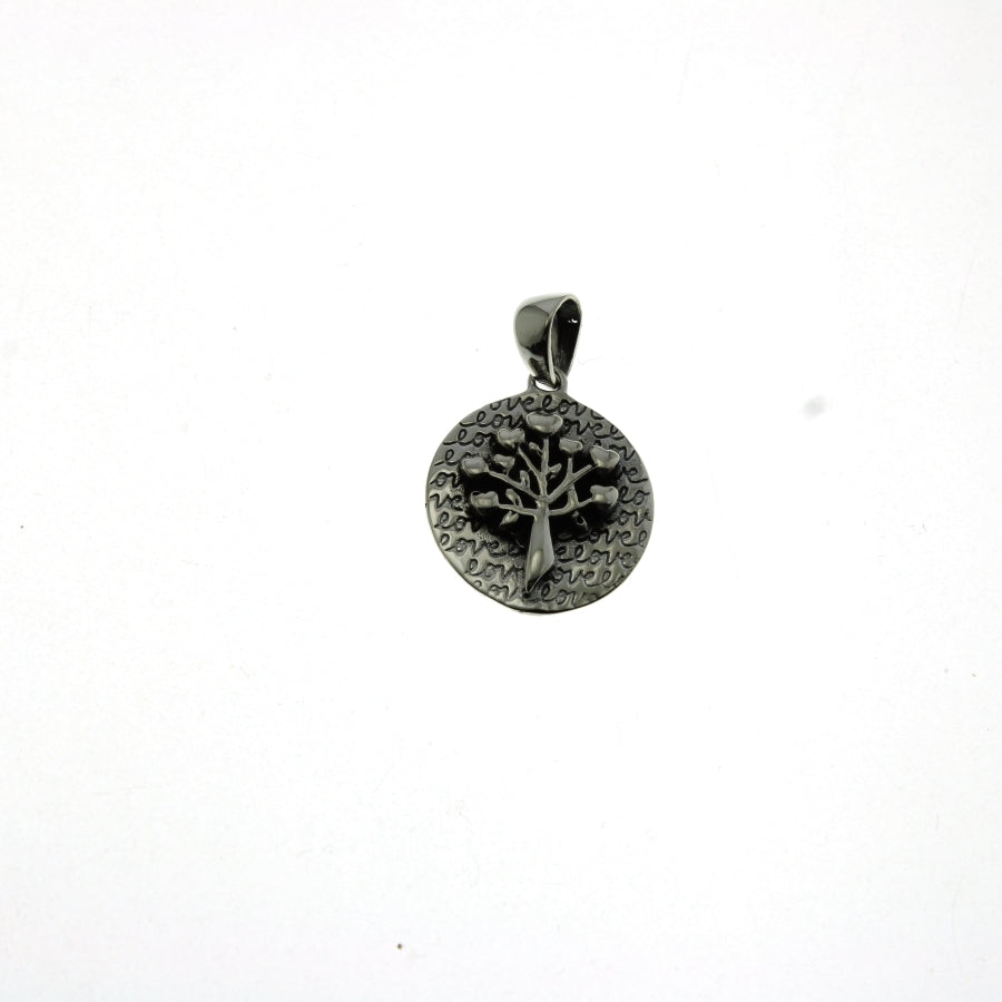 SILVER OXIDATED RAISED TREE OF LIFE ROUND DISC PENDANT