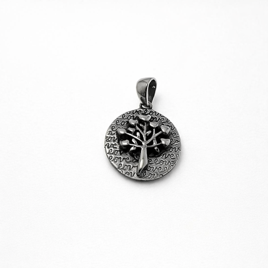 Silver oxidated raised tree of life round disc pendant