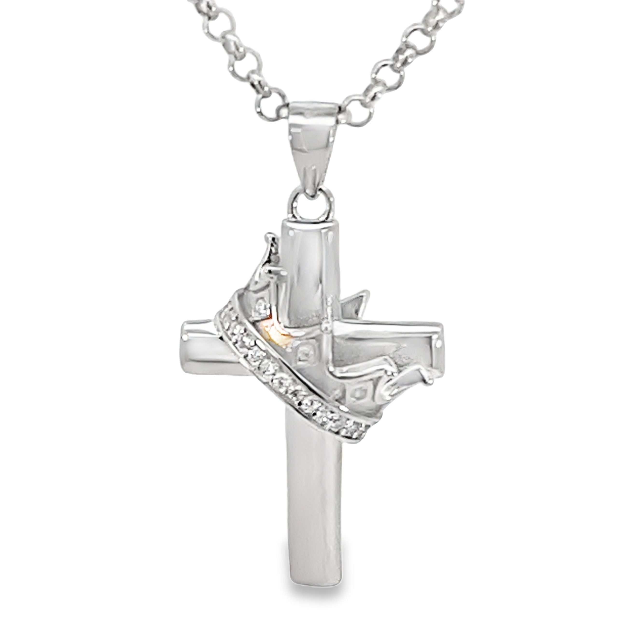SILVER CZ PAVE CROWN ON PLAIN CROSS