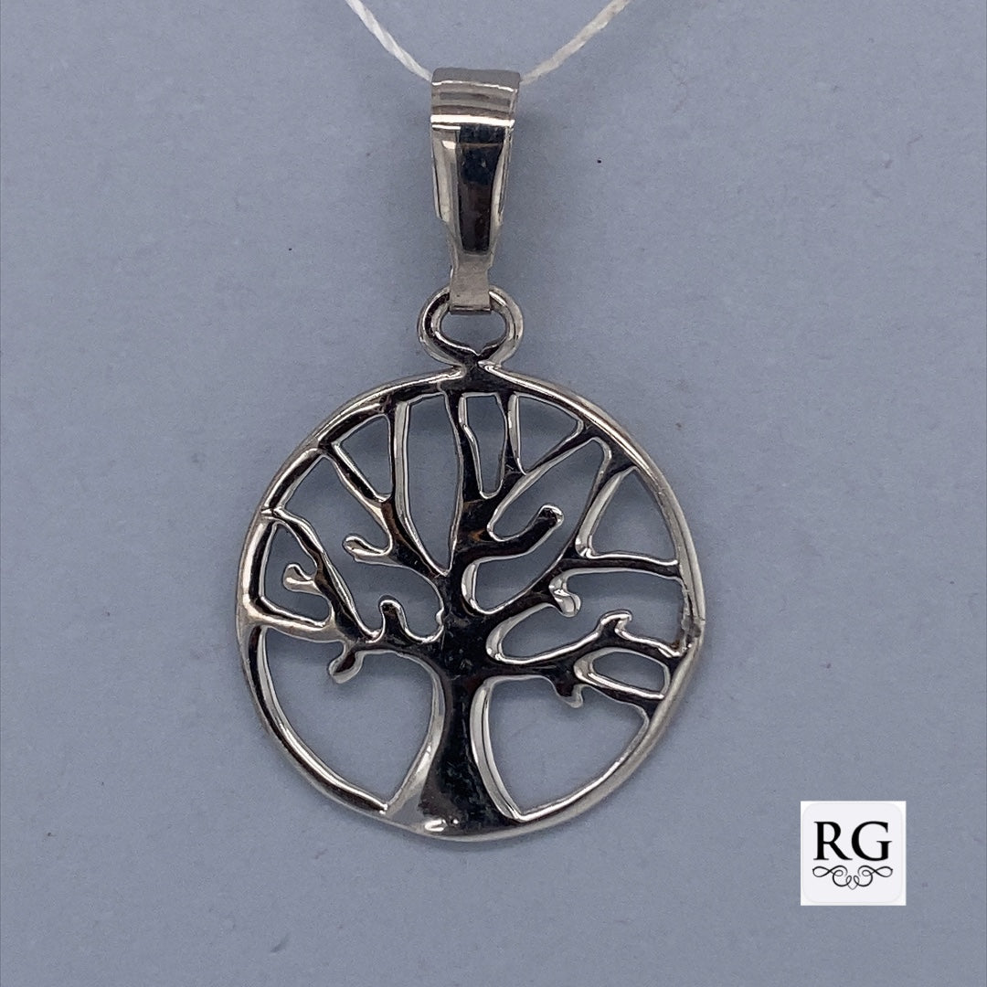 SILVER RHODIUM PLATED FILLIGREE TREE OF LIFE ROUND PENDANT