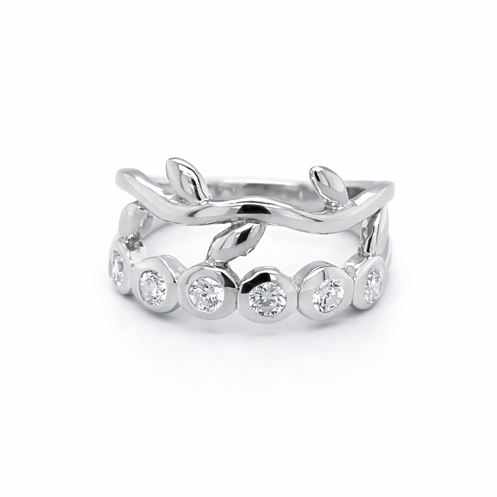 Silver cz pave olive leaf vine ring
