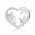 Silver cz pave birds 3d heart pendant