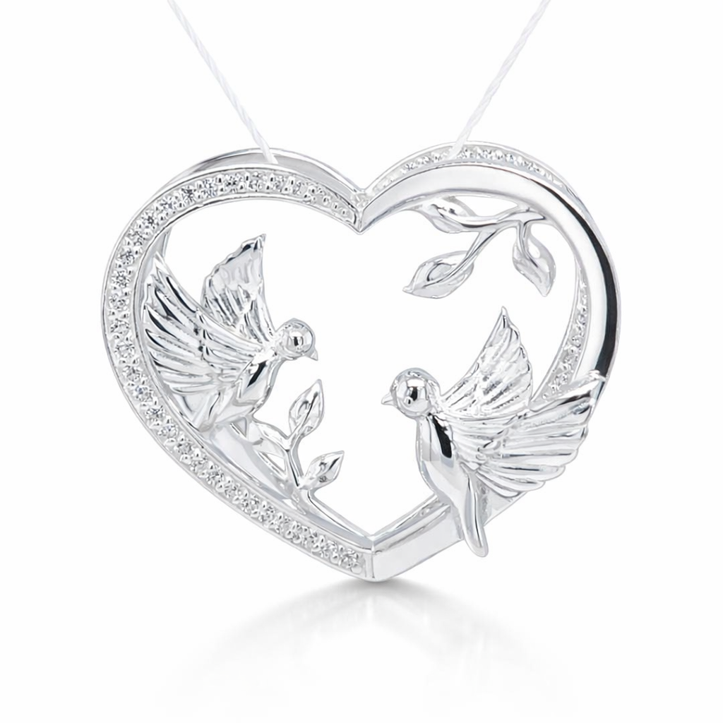 SILVER CZ PAVE BIRDS 3D HEART PENDANT