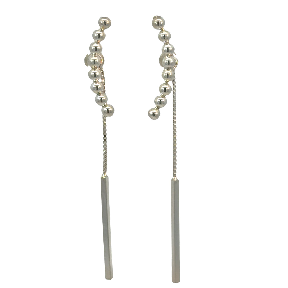 Silver balls on curve bar drop chain earrings