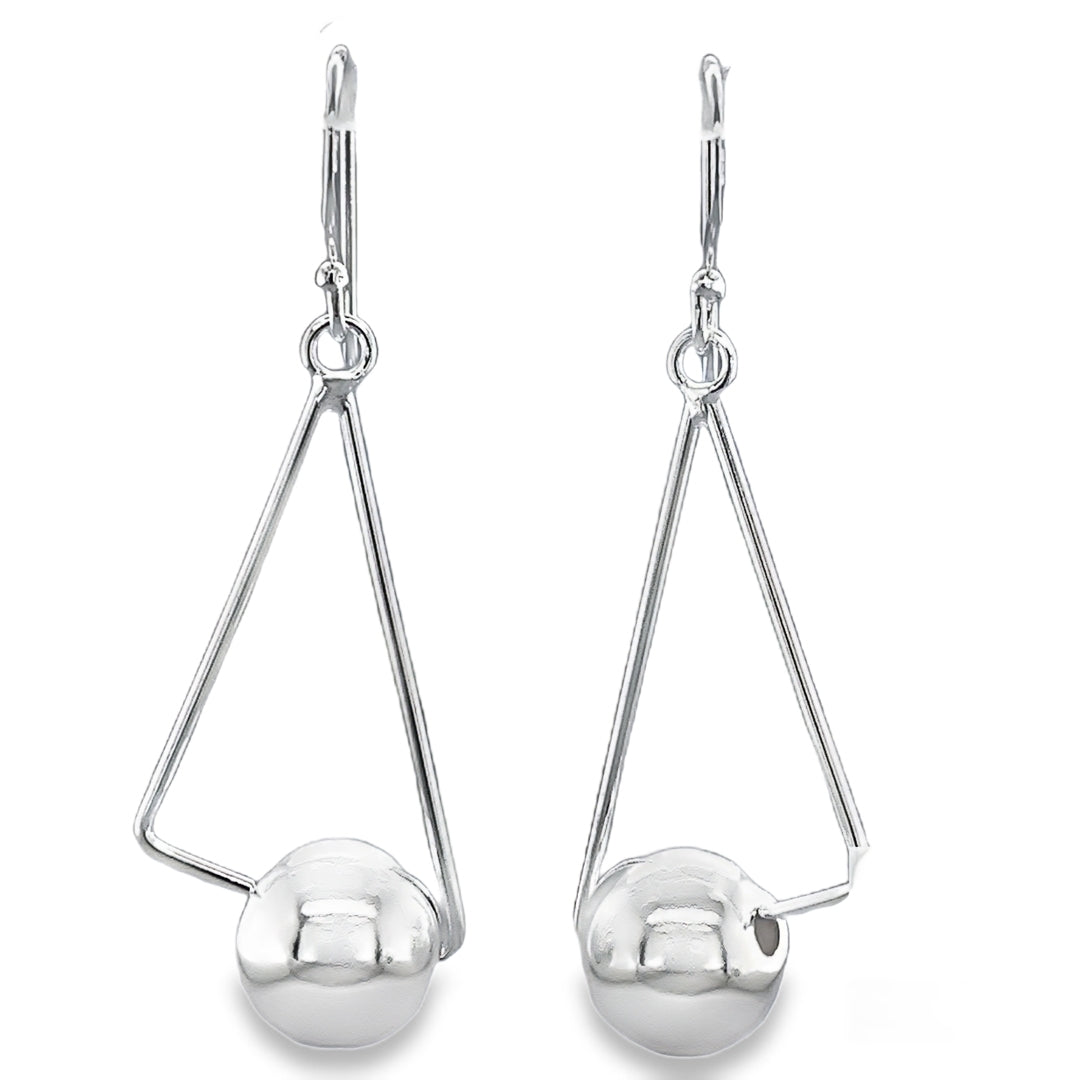 Silver ball in outline triangle drop earring