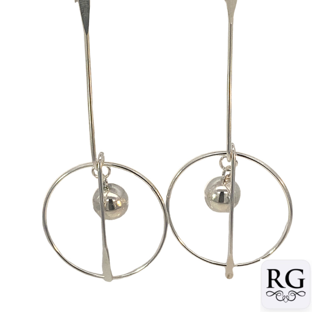 Silver ball in circle long bar drop earring